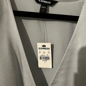 Express Satin V-Neck Smocked Peplum Long Sleeve Top